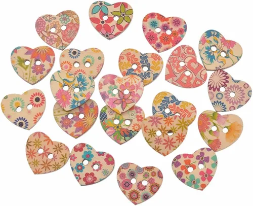 Vista 5 de AKOAK Paquete de 50 botones de madera con forma de corazón de melocotón y 2 agujeros, 0.984 in, estampado de flores, botones de costura de madera
