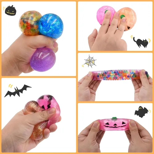 Vista 5 de Eavotoy Paquete de 12 calabazas de Halloween, bolas antiestrés, juguetes para la ansiedad, juguetes esponjosos, juguetes para fiestas de Halloween