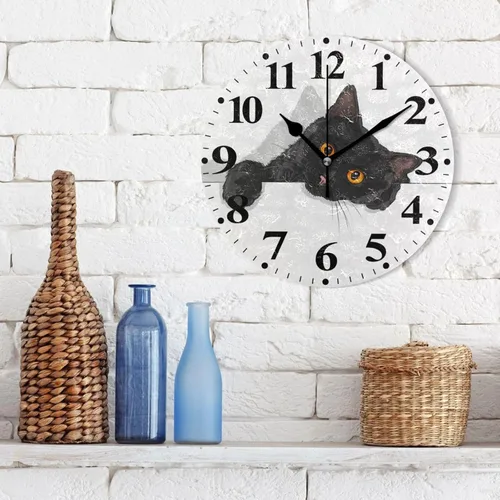 Vista 3 de susiyo Reloj de pared redondo a pilas para sala de estar, cocina, escritorio, granja, 9.8 pulgadas (gato negro)