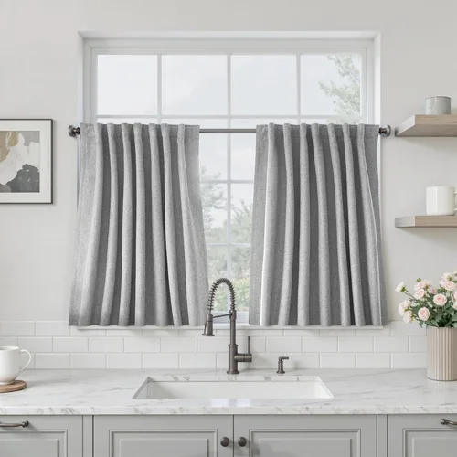 Vista 53 de UHITECH Cortinas cortas de lino de 24 pulgadas de largo para ventanas pequeñas de granja, cortinas opacas modernas para sala de estar, pestañas