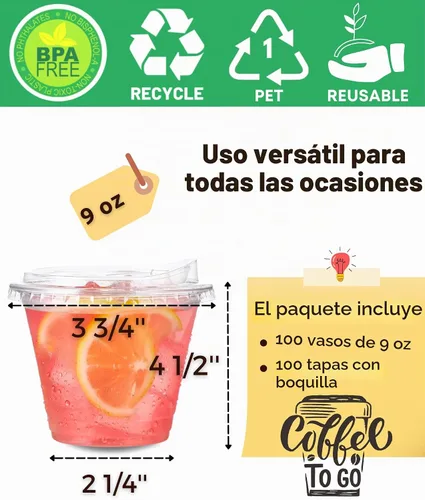 Vista 4 de Paquete de 100 vasos de plástico transparente de 9 onzas con tapas sin popote para beber, vasos desechables de plástico para café helado, vasos