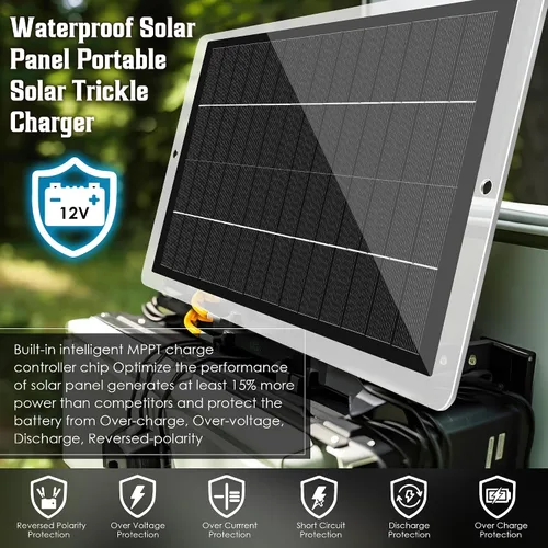 Vista 2 de Saillong Cargador Mantenedor de Batería Solar para Automóvil de 12V, Panel Solar Impermeable Cargador Solar Portátil de Goteo con Enchufe