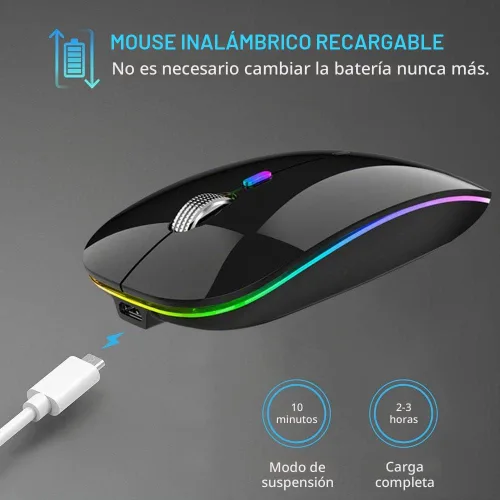 Vista 4 de TENMOS Ratón inalámbrico Bluetooth, LED delgado (Bluetooth 5.1 + USB) 2.4GHz recargable silencioso con adaptador tipo C para Laptop/MacBook/iPad