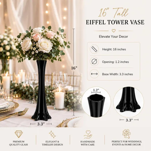 Vista 2 de pack de 12, jarrones de la Torre Eiffel para centro de mesa, flores, bodas, decoración. (40,6 cm, negro)