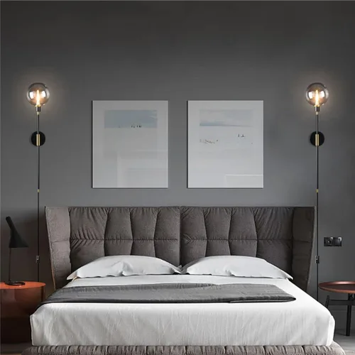 Vista 6 de KCO Apliques de pared con enchufe de 1 luz, cable de interruptor de encendido/apagado, lámpara de pared moderna negra con brazo largo de globo