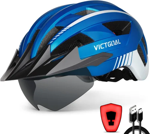 Vista 13 de VICTGOAL Casco de bicicleta con luz trasera recargable por USB, gafas magnéticas desmontables, visera solar extraíble, cascos de bicicleta de Negro