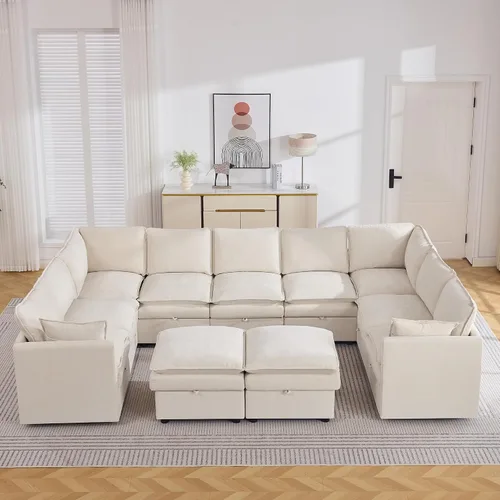 Vista 23 de Otomana cuadrada grande de 27 pulgadas con almacenamiento, reposapiés tapizado moderno con patas antideslizantes para sofá, mesa de café, sala