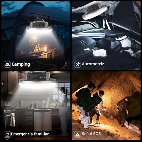 Vista 6 de Linterna LED recargable para campamento: luz de tienda de campaña con 3 modos y atenuación continua, carga rápida USB-C, IPX5 impermeable, gancho