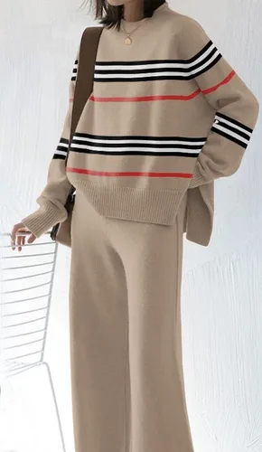 Vista 3 de ETCYY NEW Conjunto de sudadera de punto para mujer de 2 piezas con suéter y pantalón de pierna ancha
