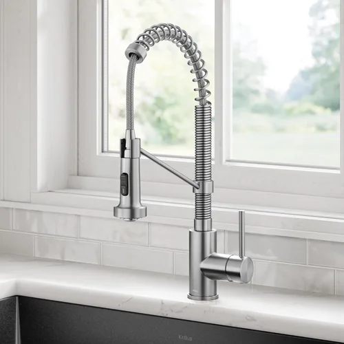 Vista 2 de KRAUS Bolden KPF-1610SFS - Grifo de cocina extraíble de una sola manija de estilo comercial de acero inoxidable sin manchas, con 2 funciones