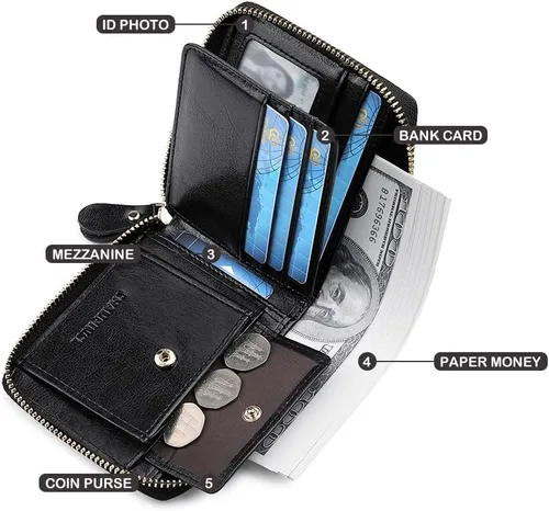 Vista 4 de Carteras RFID para mujer, de piel auténtica, con cremallera, seguras, de gran capacidad, multitarjeta, embrague, coloridas carteras de viaje, Negro