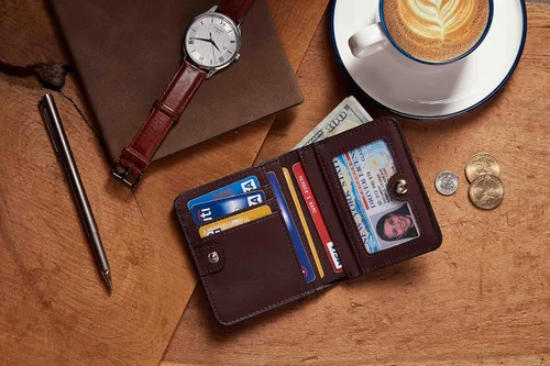 Vista 6 de Gostwo - Cartera compacta de piel genuina de lujo para mujer con bloqueo de RFID y ventana de identificación