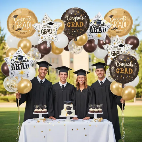 Vista 6 de Juego de decoraciones de globos de aluminio de graduación 2026, 8 globos redondos y de estrella de Congrats 2026 negros y dorados, globos de clase
