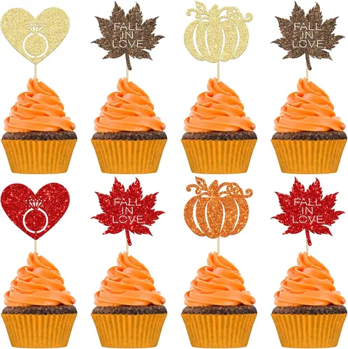 Vista 18 de Gyufise 24 decoraciones para cupcakes de otoño con texto en inglés "Miss to Mrs Cupcake Topper Champage Gold Fall Pumpkin Bride Shower Cake Toppers