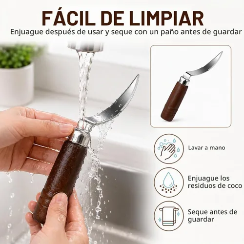 Vista 8 de DOITOOL Herramienta de eliminación de carne de coco cuchillo raspador de coco fresco de acero inoxidable con mango ergonómico de madera