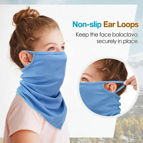 Vista 3 de MoKo Cubrebocas tipo bandana para niños con bolsillo para filtro paquete de 3 pasamontañas para el cuello para ciclismo para niños y niñas