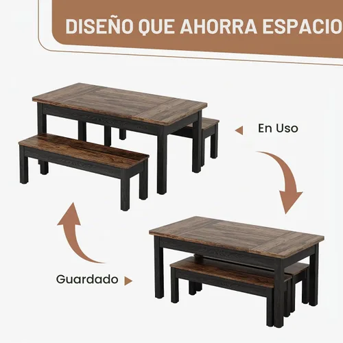 Vista 3 de Tribesigns Juego de Mesa de Cocina de Granja para 4-6, Mesa de Comedor de Madera de 55 Pulgadas con 2 Bancos, Juego de Comedor de 3 Piezas