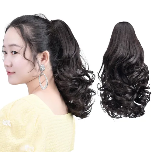 Vista 32 de Cola de caballo con clip, color castaño rojizo, ondulado de 10 pulgadas, extensión de cola de caballo de 3.3 onzas, extensiones de cabello sintético