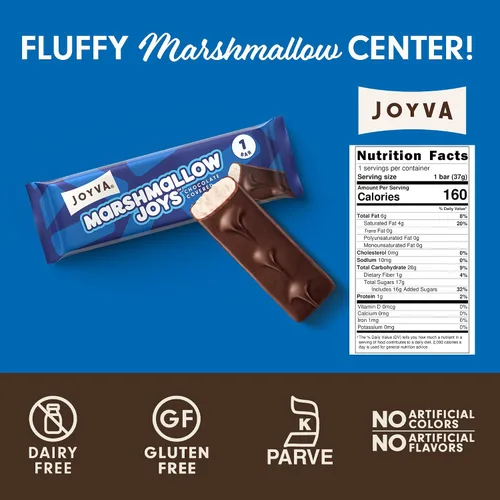 Vista 2 de Joyva Marshmallow Joys Paquete de 24, 1.3 onzas Barras de caramelo cubiertas de chocolate Kosher Parve Libre de lácteos, gluten, soja