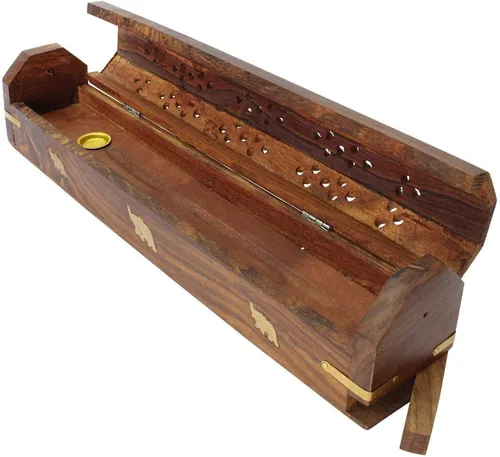 Vista 2 de Dinil Quemador de incienso de madera hecho a mano, 12 pulgadas, acabado marrón rústico, diseño elegante con compartimento de almacenamiento