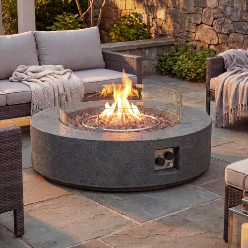 Vista 13 de COSIEST mesa cuadrada de propano para exteriores de arenisca con protector contra el viento, certificada, quemador de acero inoxidable de 50,000