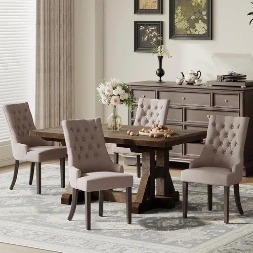 Vista 12 de COLAMY Wingback Tufted Dining Chairs Set of 2, Beige Upholstered Dining Room Chairs with Wood Legs, Kitchen Chairs for Home Kitchen