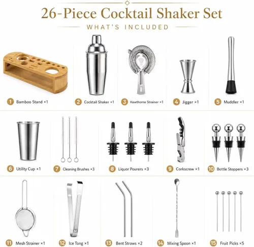 Vista 2 de Semderm Juego de Coctelera Mixología Kit de Barman con Soporte de Bambú Kit de Cóctel de 26 Piezas con Todas las Herramientas Esenciales de Bar