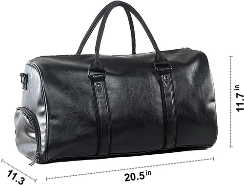 Vista 4 de Bolsa de viaje de cuero con bolsa para zapatos, bolsa impermeable para fin de semana, bolsa de lona de mano para hombres y mujeres, color negro