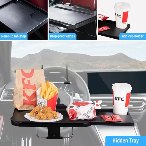 Vista 4 de VarCozy Bandeja para Volante de Coche, Bandeja Colgante Plegable para Reposacabezas Trasero con Bandeja Expandible y Ranura para Bebidas, Escritorio