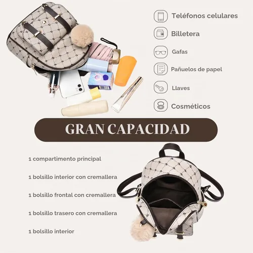 Vista 3 de I IHAYNER Mochila de moda para niñas, mini mochila para mujeres, adolescentes y niñas, monederos de piel sintética con pompón, bolsa de hombro Beige