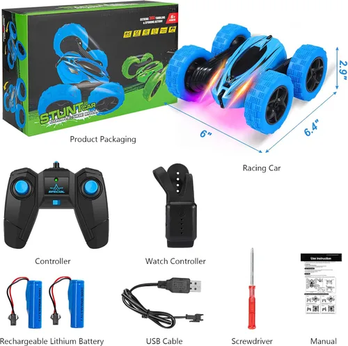 Vista 4 de Coche de control remoto RC Coche de acrobacias reloj Sensor de gestos Coche 4WD de doble cara rotación de 360 grados volcable recargable Coche