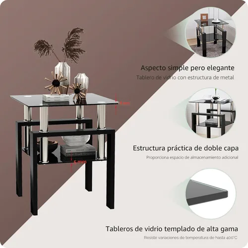 Vista 6 de ODUSE-DAILY Juego de 2 mesas auxiliares de cristal negro, mesa auxiliar pequeña, juego de 2 mesitas de noche templadas, para sala de estar y Todo