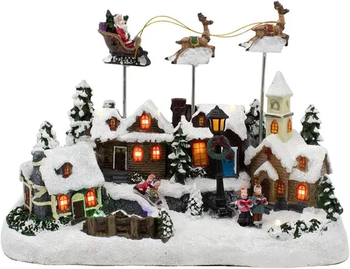 Vista 2 de Kurt Adler Pueblo musical LED con pilas con Papá Noel y ciervos, 11 pulgadas