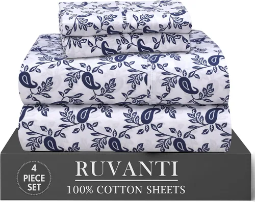 Vista 10 de RUVANTI 4 piezas de sábanas de algodón - 100% algodón natural suave, ligero y transpirable, sábanas de percal crujiente, juego de sábanas Botanica