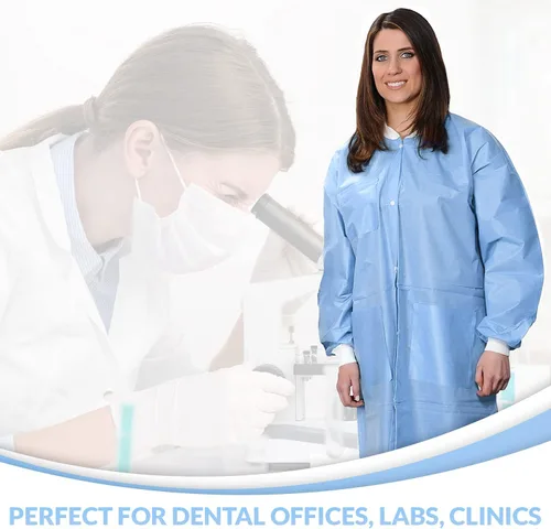 Vista 5 de Paquete de 10 abrigos de laboratorio desechables Abrigo de laboratorio duradero de 1.76 oz SMS hasta la rodilla, reutilizable, con puños