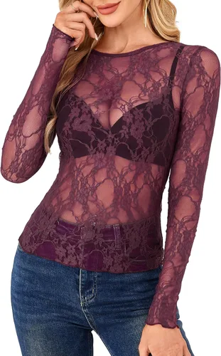 Vista 18 de OFEEFAN - Blusas de malla para mujer con manga larga y encaje, camisetas de cuello redondo ajustadas y transparentes Champán