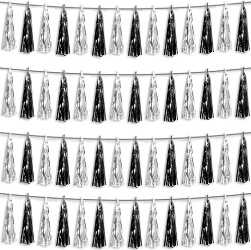 Vista 9 de 4P Guirnalda de Borla de Flecos de Aluminio Metálico Negro para Flotas de Desfile, Despedida de Soltera, Boda, Cumpleaños, Halloween, Navidad