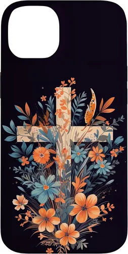 Vista 15 de Boho Floral Christian Cross Jesus God Wild Flower Women Case for iPhone 16