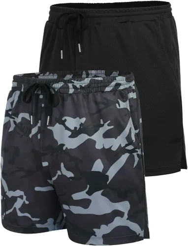 Vista 4 de COOFANDY Paquete de 2 pantalones cortos de entrenamiento de gimnasio para hombre, pantalones de malla ligeros para culturismo, entrenamiento