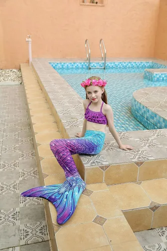 Vista 3 de DNFUN Colas de sirena para nadar para niñas, bikini de princesa, cola de sirena, traje de baño para niñas