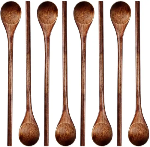 Vista 13 de Meiyahome - Cuchara de madera larga de mango redondo de 8 pulgadas, cuchara mezcladora hecha a mano de material Nanmu, cuchara de café de 7.9 in