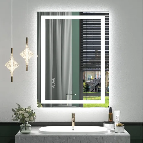Vista 29 de Espejo de baño LED iluminado de 30 x 30 pulgadas para pared, espejo cuadrado de tocador con luces, regulable, antivaho, a prueba de roturas