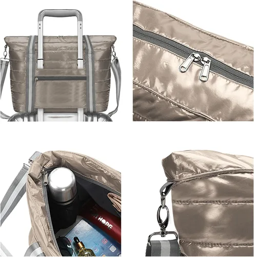 Vista 3 de Bolsa de mano acolchada para mujer, bolsa de hombro acolchada con compartimento para laptop, bolsa de viaje acolchada con manga de carretilla