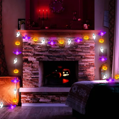 Vista 5 de Luces de Cadena de Halloween, 16.4 pies, 30 LED, Calabaza Murciélago Fantasma, Funciona con Pilas, Luces Naranjas y Moradas con Efecto Naranja