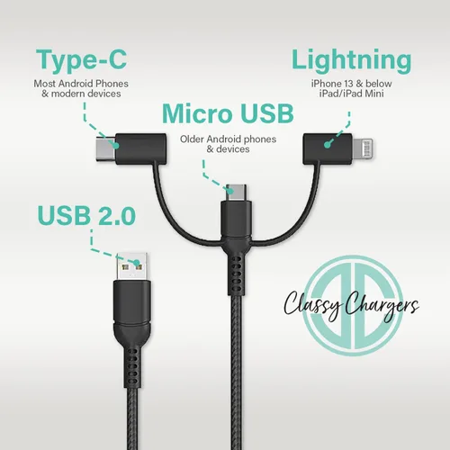 Vista 2 de Classy Chargers Cables de carga universales de nailon 3 en 1 para iPhone, Android y más Cable Lightning certificado de 6 pies, tipo C, micro USB