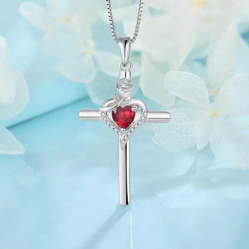 Vista 3 de FJ Collar de cruz infinita para mujer, colgante de corazón de flor de rosa plateada con piedra natal creada