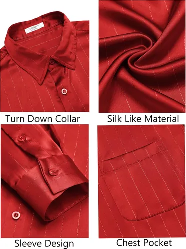 Vista 5 de COOFANDY Camisa de vestir de satén de lujo para hombre, de seda brillante, de manga larga, con botones, camisa de boda, fiesta, baile de graduación