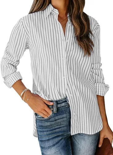 Vista 18 de Siliteelon - Camisas de botones para mujer, camisa de vestir a rayas de algodón, de manga larga, cuello con solapa, para oficina y trabajo