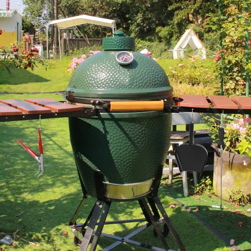 Vista 6 de OLAMO Juego de herramientas para cenizas para huevos de color verde grande, herramientas de limpieza de parrilla Kamado, herramientas de póquer