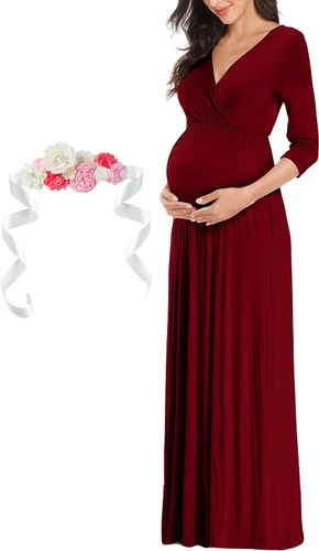 Vista 3 de Kim S Vestido largo de maternidad con banda de flores (S-3XL), vestido de fiesta baby shower con cuello en V fruncido